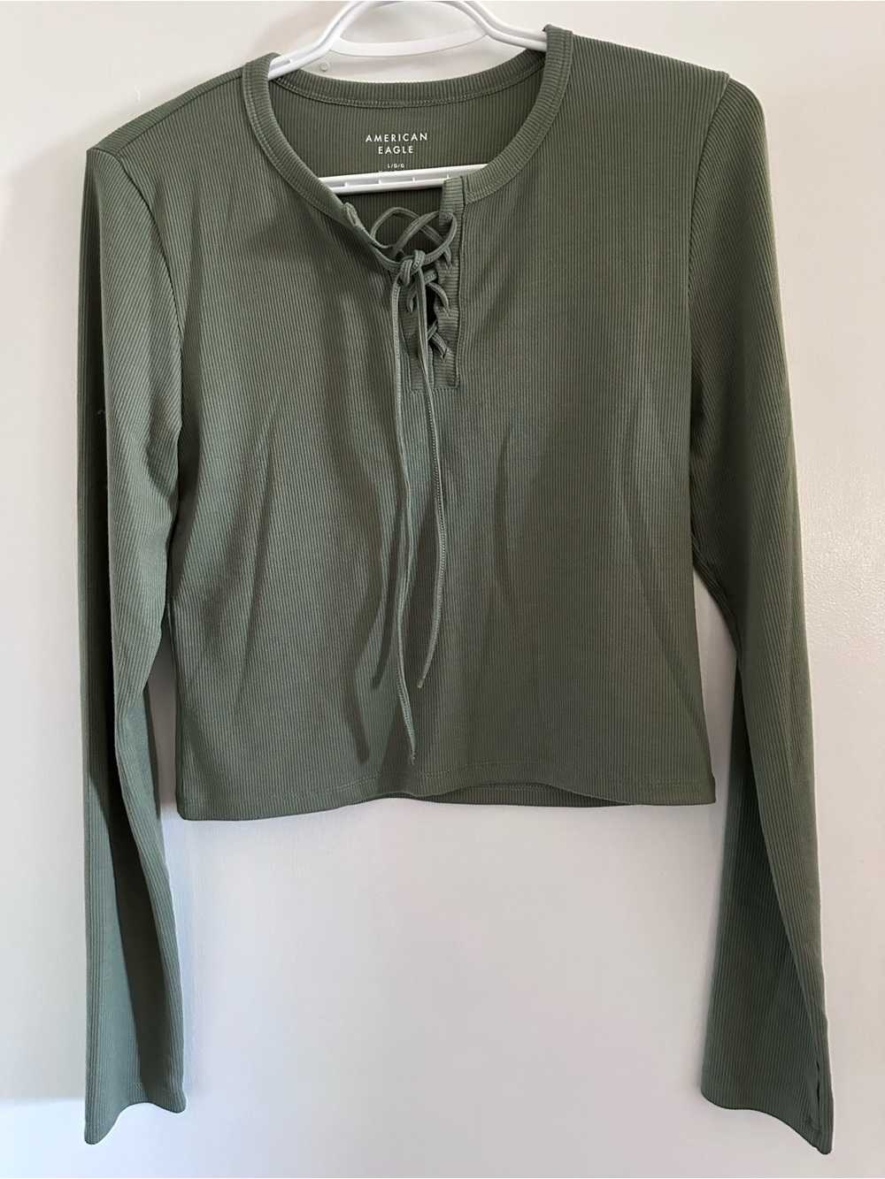 American Eagle Outfitters Olive Lace-Up Ribbed Long Sleeve Top